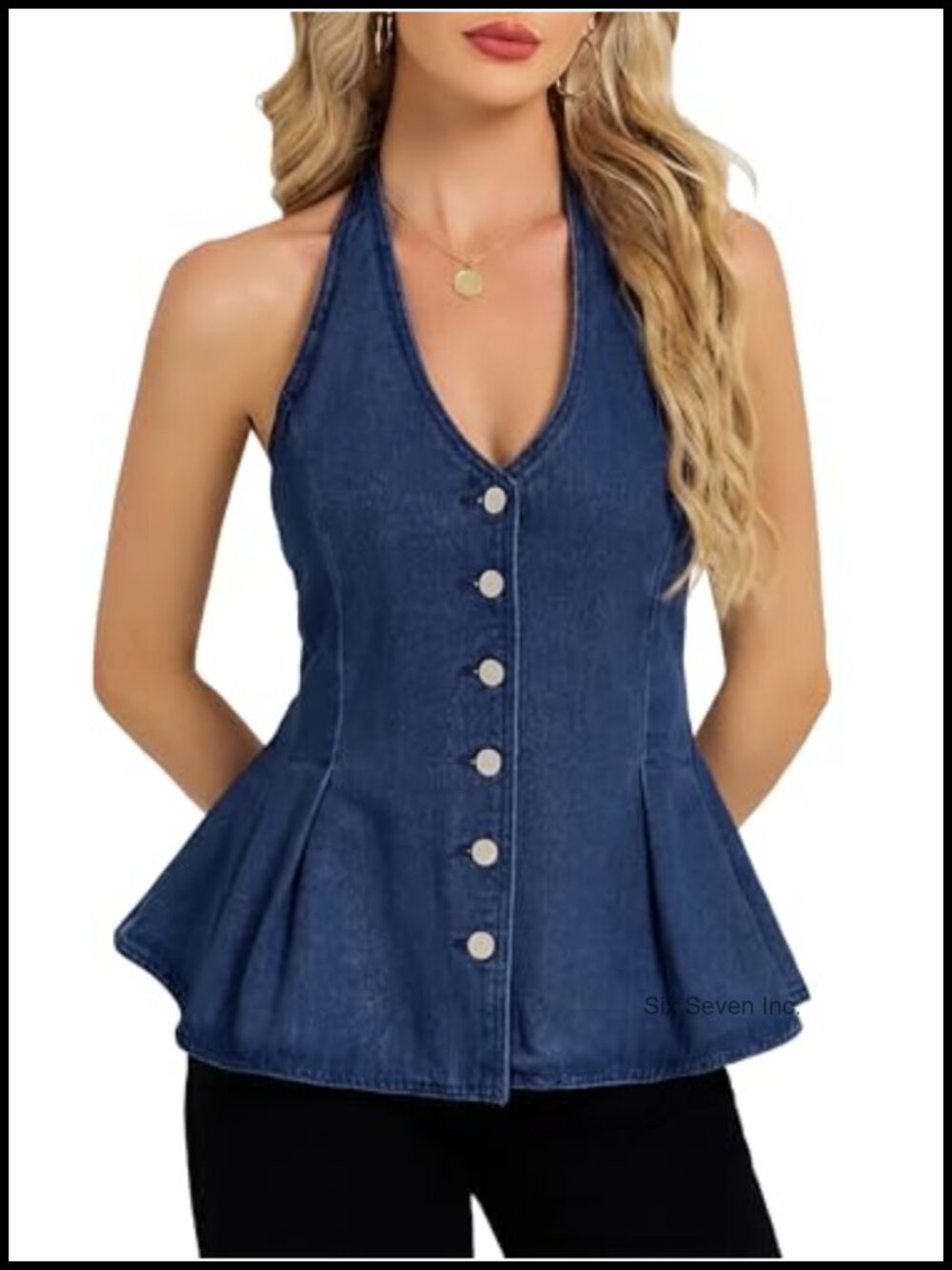 Cotton Denim Halter Vest Ruffle Hem Backless Button Down Peplum Top